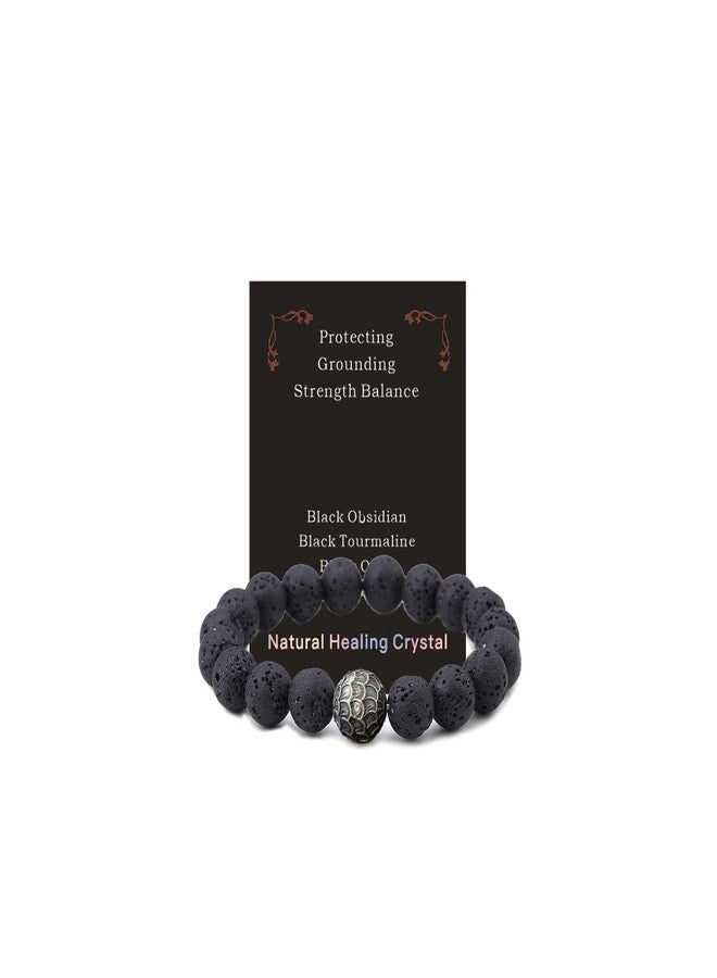 tanguan Protection Bracelet, Black Tourmaline Bracelet for Woman Man Healing Crystal Bracelets Obsidian Hematite Bracelets Anxiety and Stress Relief Clam Jewelry Handmade Natural Beads Jewelry Gift (Black volcanic stone) - Image 1